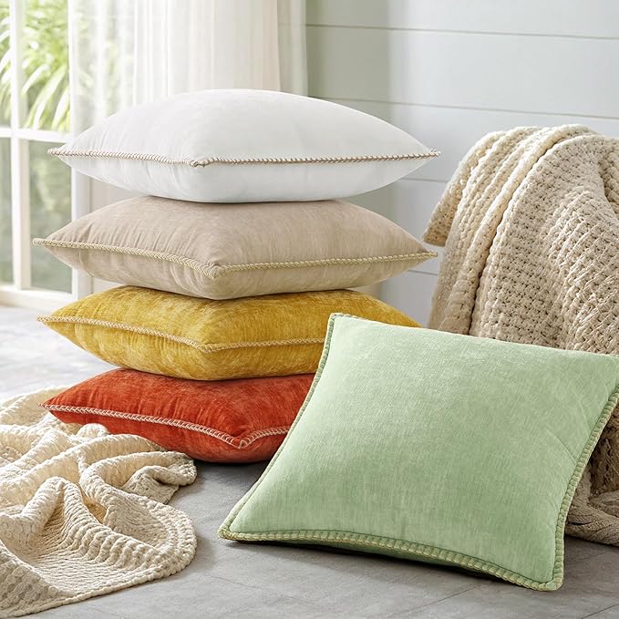 decorUhome Summer Chenille Soft Cozy Throw Pillow Covers 12x20 Set of 2, Modern Farmhouse Boho Velvet Decorative Pillow Cases with Stitched Edge for Couch Sofa Bed Home Decor, Beige