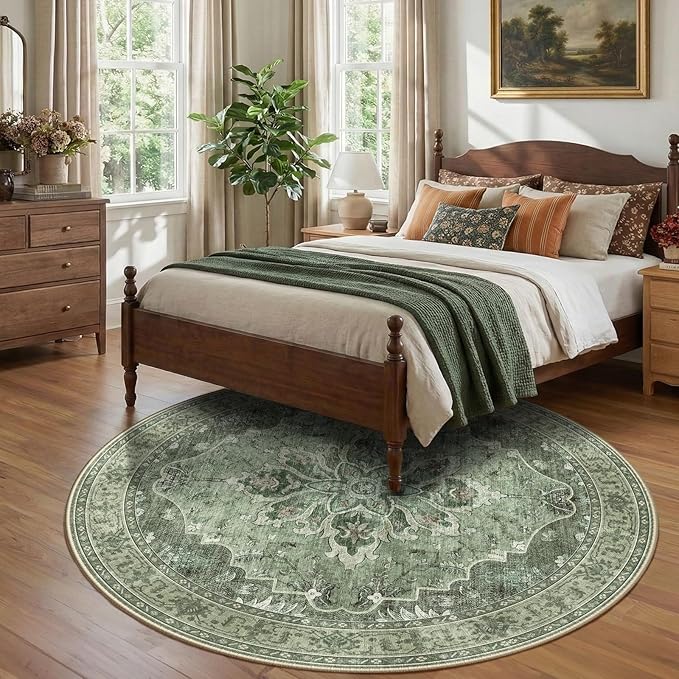 RELEANY Area Rugs 8ft Washable Non-Slip, Floral Vintage Distress Print Pattern Medallion Carpet for Living Room Bedroom Dining Room, Dark Green Gray
