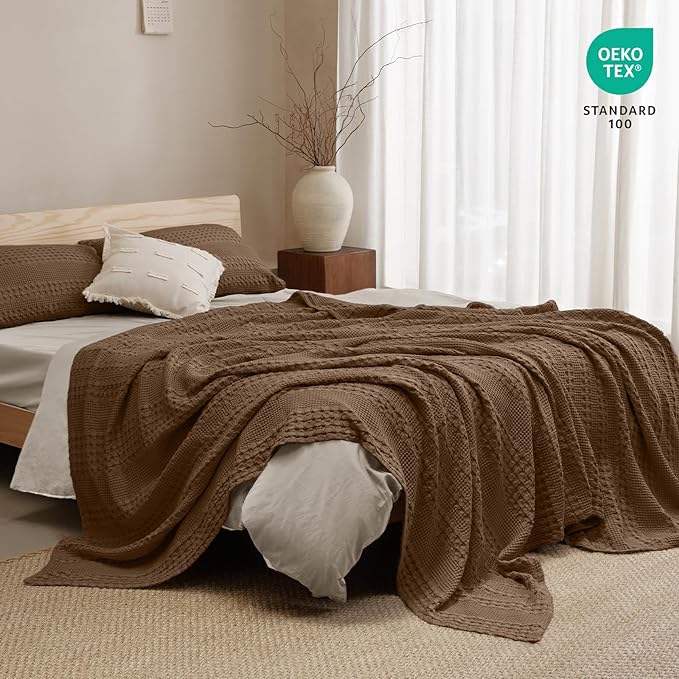 PHF 100% Cotton Waffle Blanket Queen Size for Bed, Lightweight Breathable and Soft for Summer, Luxury Aesthetic Waffle Weave Blanket for Home Decor & Gifts for Women, 90"x90", Chocolate
