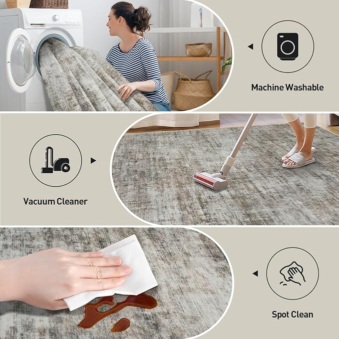 8x10 Area Rugs Washable Rug: Modern Abstract Living Room Rug Soft Anti-Skid Thin Carpet Indoor Floor Non-Shedding Carpets for Bedroom Dining Room Farmhouse Nursery Home Office Brown Black