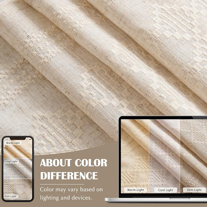 jinchan Boho Curtains Linen Blend Ivory Farmhouse Curtains 84 Inches Long for Living Room Square Embroidered Bordered Back Tab Living Room Window Light Filtering Bohemian Drapes 2 Panels