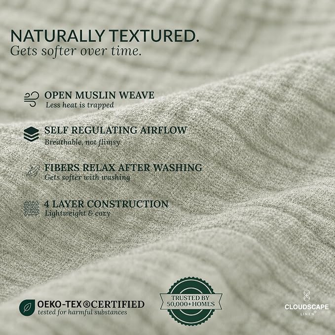CLOUDSCAPE 4 Layer Muslin Blanket for Adults - 100% Cotton Throw Blanket - 50"x70" Oversized Gauze Throw for Sofa, Couch - Soft Lightweight Breathable Muslin Cotton Throws for Summer - Sea Foam
