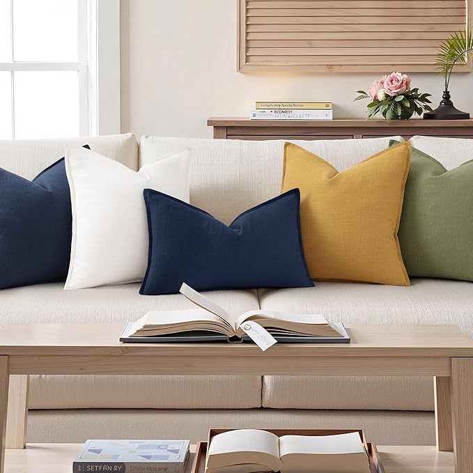 decorUhome Summer Decorative Linen Throw Pillow Covers 12x20 Inch Set of 2 Navy Blue Lumbar Pillow Covers with Flange Edges Soft Farmhouse Boho Accent Pillow Cases for Couch Bed Living Room
