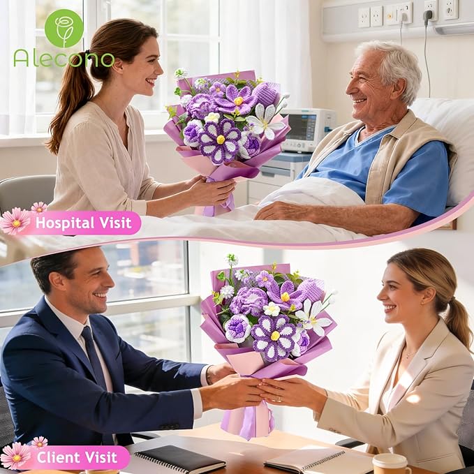 Alecono Large Crochet Flower Bouquet, Knitted Artificial Flowers, Crochet Tulip as a Gift for Valentines Day Mothers Day, Graduation Gifts for Girls Women (Purple)