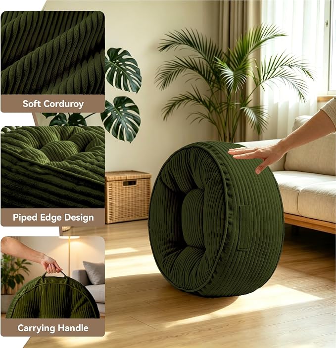 11" Washable Round Floor Pillow for Adults Thick Meditation Cushion for Sitting Large Yoga Pillows on Floor Ottoman to Elevate Leg for Tatami Living Room,22x22 Inch, Green