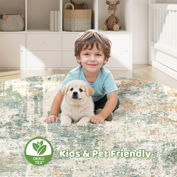 10ft Round Rug Living Room Rugs: 10x10 Washable Circle Large Abstract Modern Soft Stain Resistant Non-Slip Indoor Floor Carpet for Bedroom Nursery Office Dining Room Playroom Home House- Green