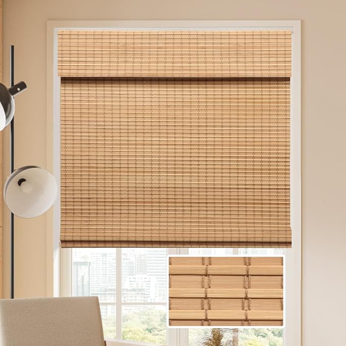 LUCKUP Cordless Bamboo Roman Blinds Shades for Indoor Windows-Blackout Room Darkening Roman Blinds with 6" Valance Cover Enhanced Privacy, 24" W x 64" H