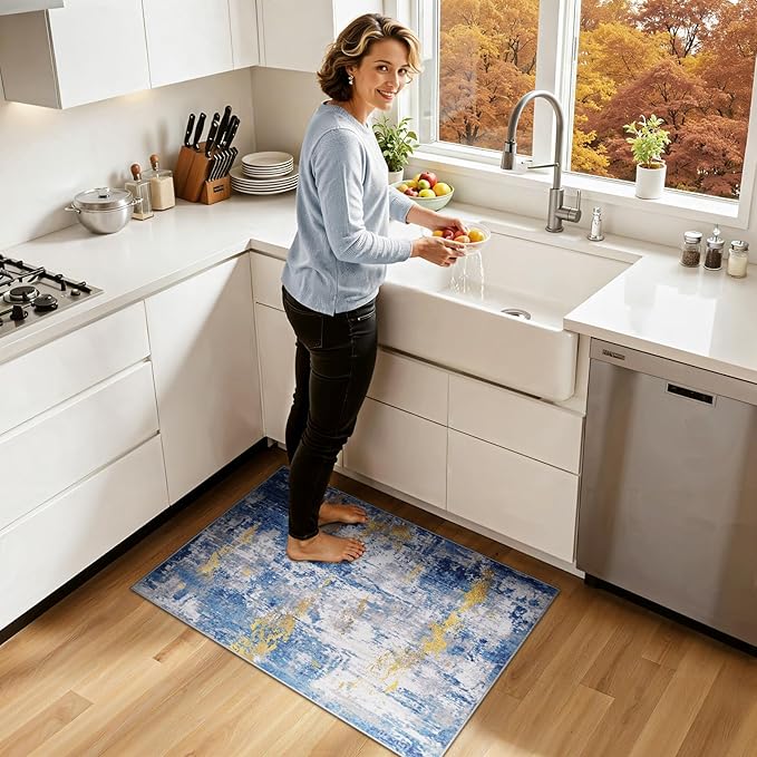 RELEANY Washable Area Rugs 2'x3' Non-Slip Modern Abstract Soft for Living Room Entryway Bedroom Nursery, Print Pattern, Grey Blue Gold/Golden