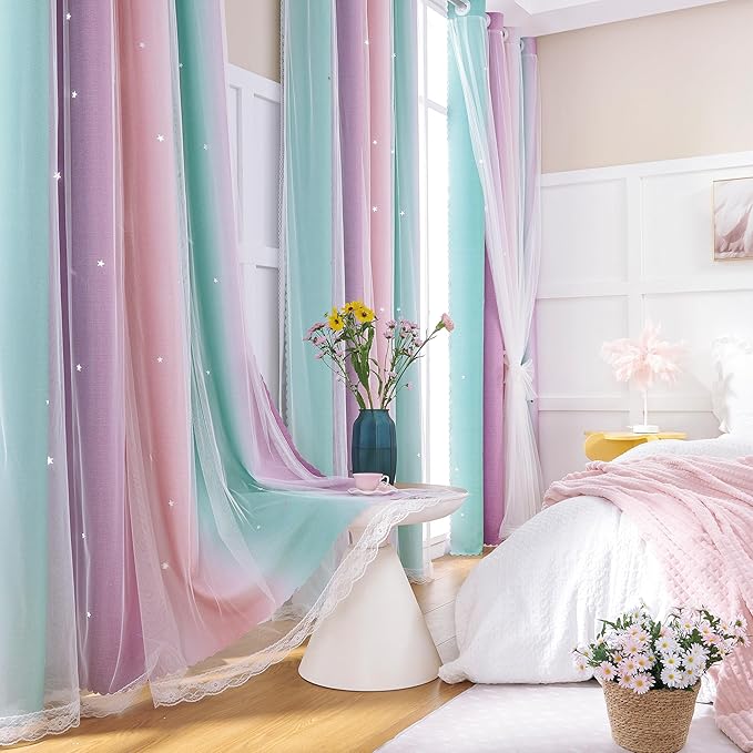 XiDi Girls Blackout Curtains 108 Inches Long for Bedroom, Room Darkening Grommet Window Ombre Curtains 2 Panel Sets, Kids Unicorn Princess Theme Decor Colorful Rainbow Design Pink Purple Green 34x108