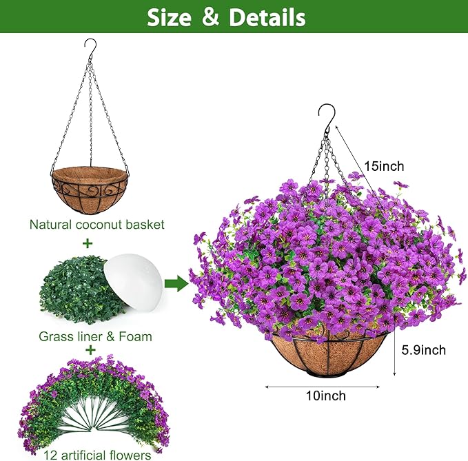 Ouddy Decor Artificial Hanging Flowers with Basket, Fake Hanging Plants with Faux Silk Flowers UV Resistant for Outdoors Indoors Spring Summer Porch Patio Balcony Yard Home Decorations, Purple