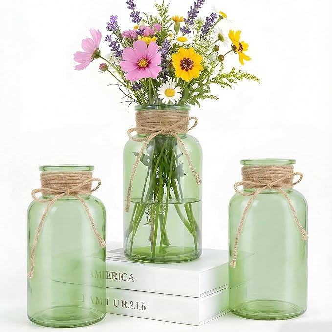 Vintage Glass Flower Vase, Farmhouse Glass Centerpiece Vases Mason Jars for Weddings, Parties & Home Decor Bulk (3, Green)