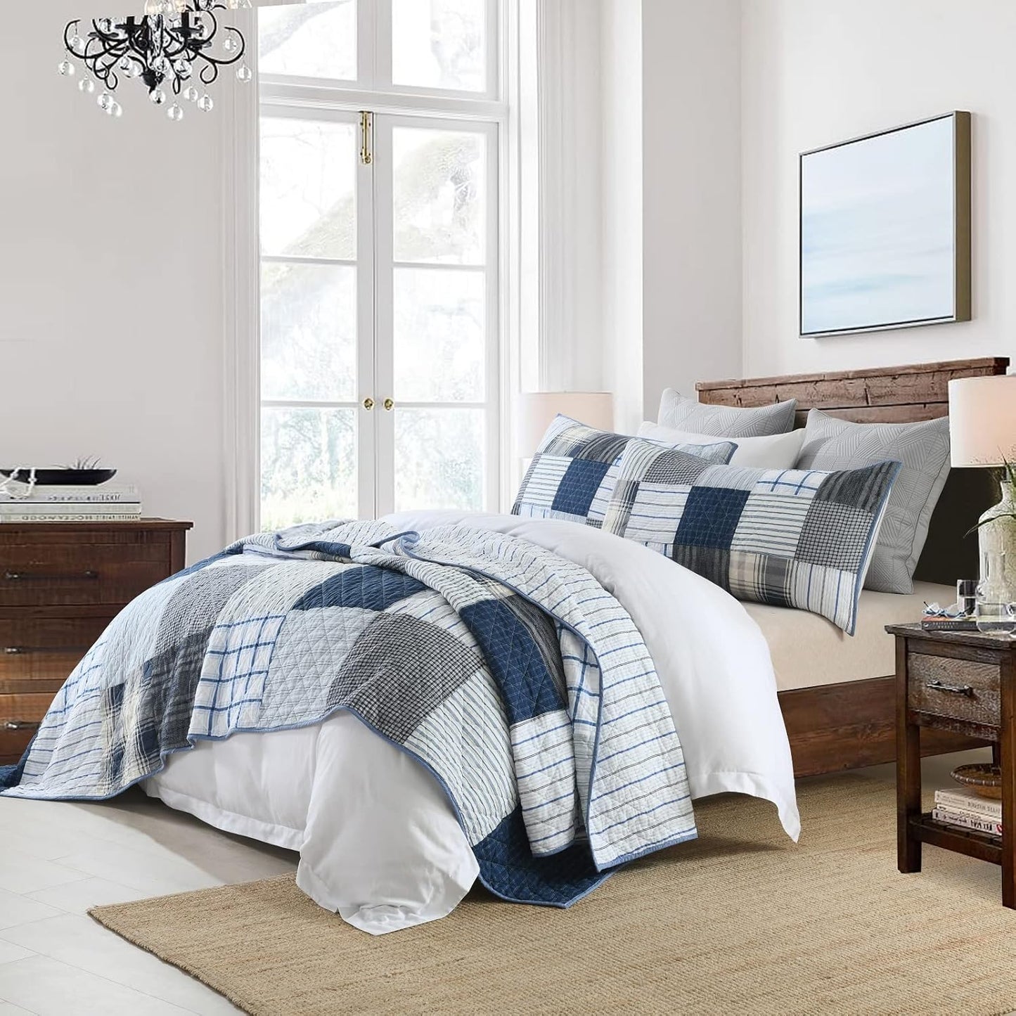 Yvooxny King Quilt Set Bedspread Reversible Plaid Grid Quilted Bedspread 3-Piece Real Patchwork Quilt Bedding Set with Pillowcases for All Seasons, King Size, 108 * 96 Inches