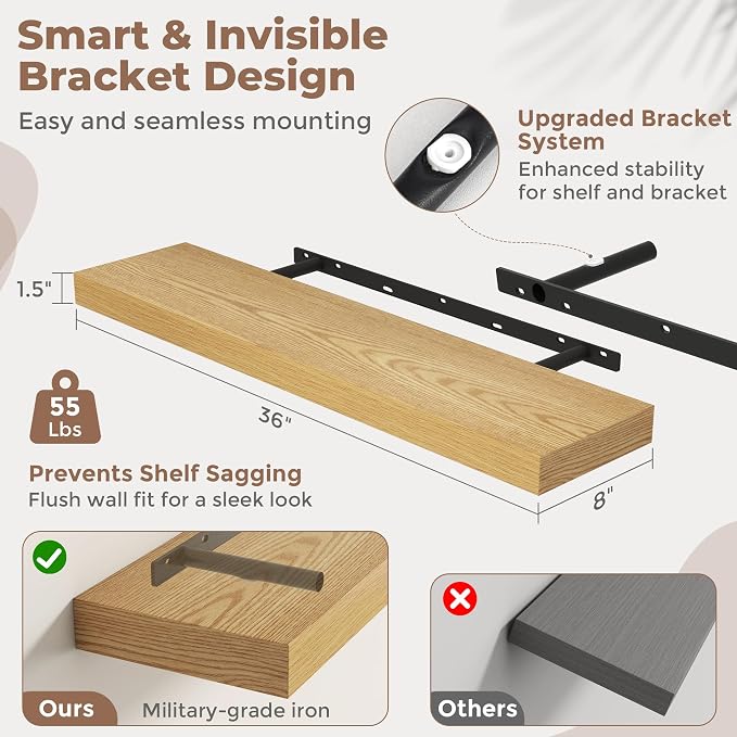 36 Inch Floating Shelves for Wall, 8"D Wood Storage Shelves, Oak Finish | Engineered Wood, Invisible Bracket, Large Storage, Easy Install, Hold Up to 55lbs, Living Room, Bathroom, Bedroom, Kitchen