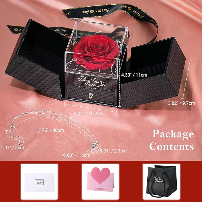 Emibele Preserved Rose Gifts for Women, Eternal Flower Rose Box with Heart Necklace, Romantic I Love You Gifts for Women Her Wife Mom Grandma on Valentines Mothers Day Birthday Anniversary