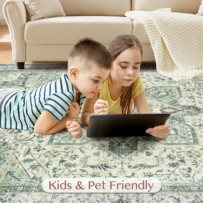 Tortania Area Rug Living Room Rugs - 8x10 Washable Boho Rug Vintage Oriental Distressed Farmhouse Large Thin Indoor Carpet for Living Room Bedroom Under Dining Table Home Office - Green