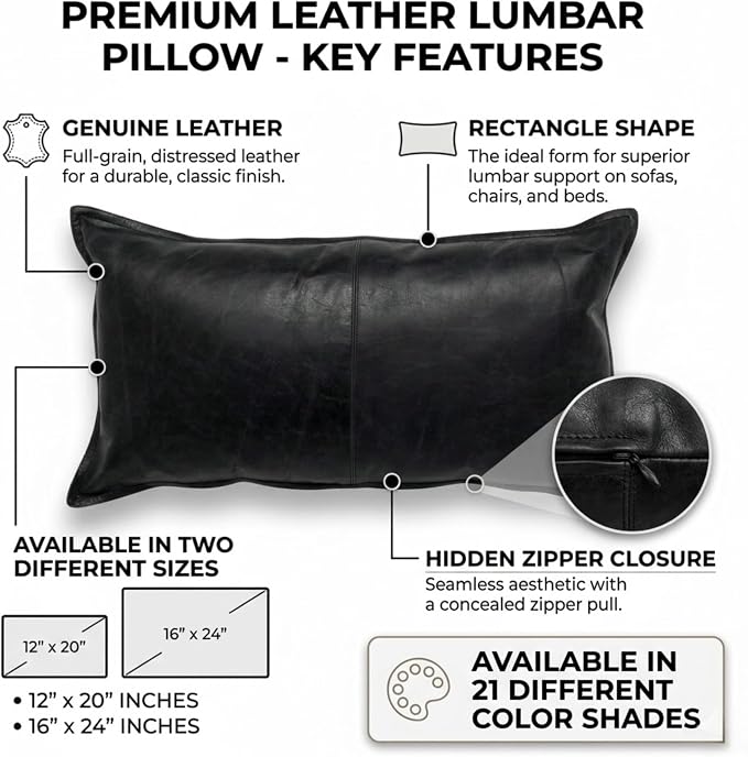 Genuine Leather Pillow Cover Case for Lumbar Throw Couch Pillows - Modern Farmhouse Decorative Sofa Thick & Soft Cushion Covers (Black - Leather Front & Back, 12" x 20")