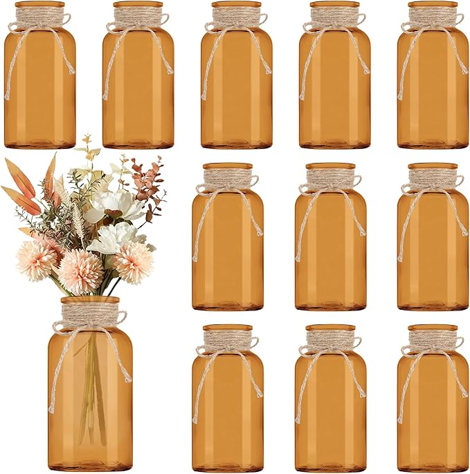 Vintage Glass Flower Vase, Farmhouse Glass Centerpiece Vases Mason Jars for Weddings, Parties & Home Decor Bulk (12, Amber)