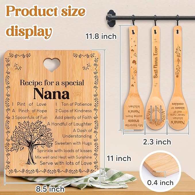 Gifts for Nana - "Recipe for a Special Nana" Nana Birthday Gifts Cutting Board Set, Bamboo-Made Engraved Utensil Set Nana Birthday Gifts, Grammy/Nanny/Granny/Gran Presents, Mothers Day Gifts for Nana