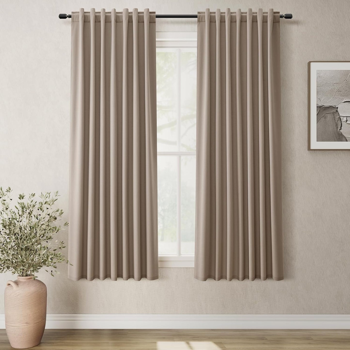 BOODII 63 Inch Blackout Curtains Linen Black Out Curtains for Bedroom 2 Panels Set Neutral Room Darkening Curtain Light Brown Thermal Insulated Curtain for Nursery Window Drapes Back Tab 52x63