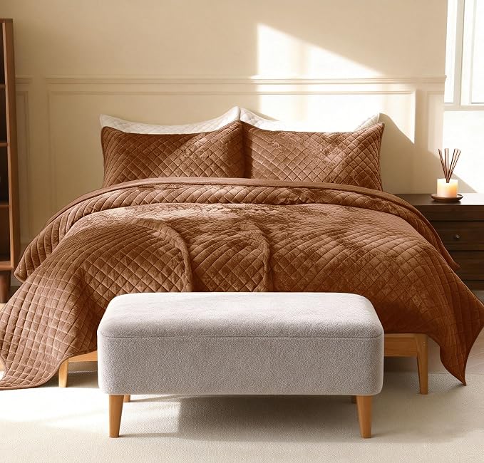 3-Piece Velvet Quilt Set Oversized King Size 120"x128" Bed Blanket Quilted Bedspread Soft Luxury Bedding with 2 Pillow Shams 20''x36'' for All-Season,Caramel