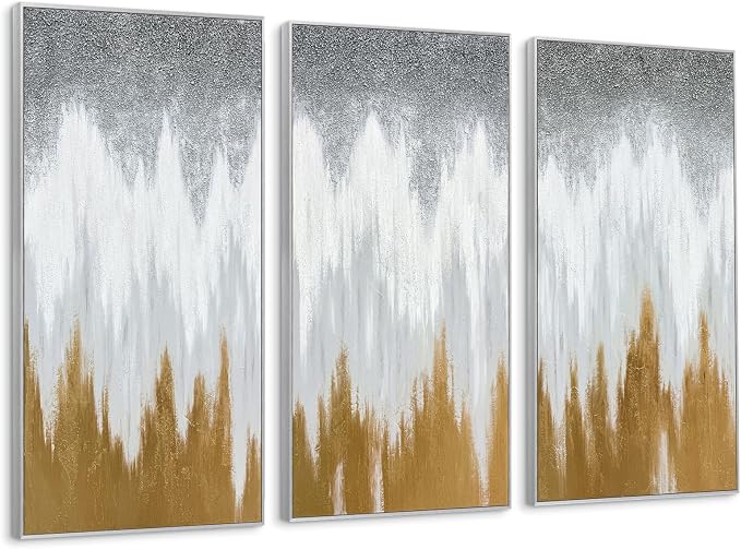 SAFERRYHOME Abstract Hand Painted Wall Art, Gold White Gray, 20"x40"x3 | 3D Textured Framed Canvas Wall Decor, Modern Golden Painting Minimalist Geometric Artwork for Home Office Living Room Hallway
