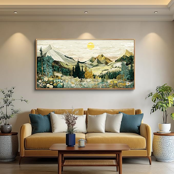 XIGUANGART Large Canvas Wall Art - Abstract Painting Decor, Mountain Pictures, Vintage Flower Boho Framed Painting,Modern Rustic Farmhouse Landscape Art Prints for Bedroom Office Decoration, 20x40 IN