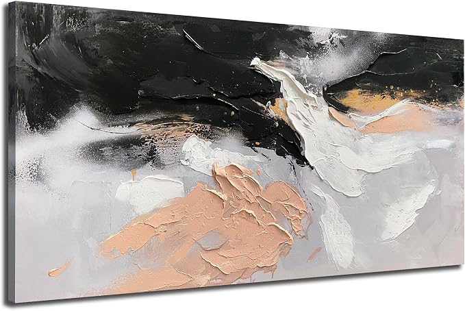 Ardemy Textured Abstract Canvas Wall Art - Black White Gold Beige Brush Strokes Painting Large 48"x24", Modern Splatter Artwork for Living Room Bedroom Home Office Luxury Wall Decor