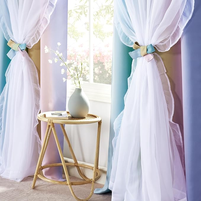 PONY DANCE Girls Curtains for Bedroom Decorative Drapes, Gradient Double Layer Curtain Ruffle Sheer Overlay Room Darkening Pretty Chic Princess, 52x84 inch, Rainbow, 2 PCs