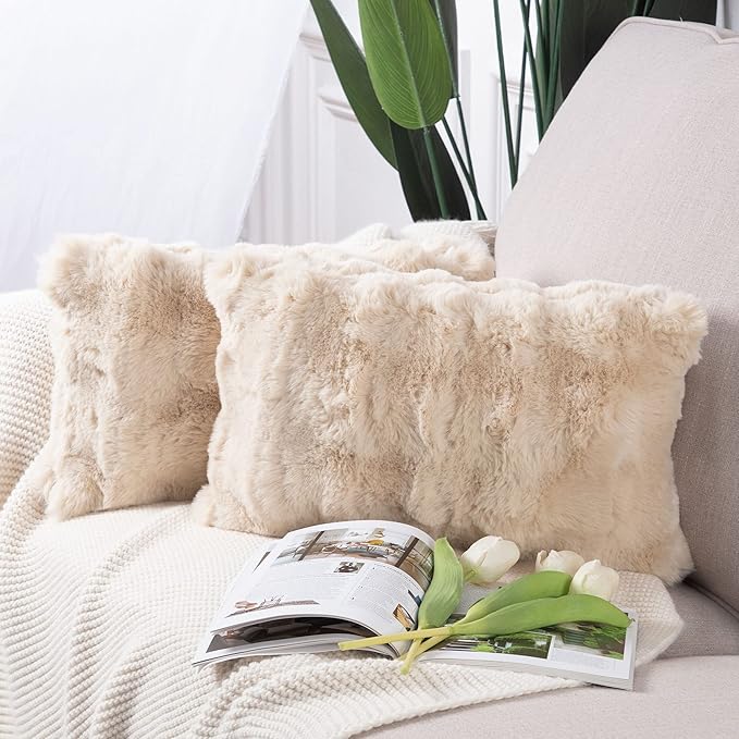 MADIZZ Pack of 2 Thick Plush Faux Wool Throw Pillow Covers Soft Boho Throw Pillows Luxurious Cushion Covers for Couch Sofa Bedroom Living Room Home Decor 12x20 Inch Beige