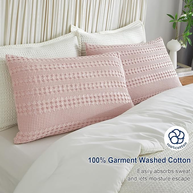 PHF 100% Cotton Waffle Pillow Shams Standard Size, 2 Pack 20" x 26" Soft Skin-Friendly Pillowcases, No Filling, Aesthetic Woven and Breathable Waffle Weave Pillow Case Covers for Bed, Pink