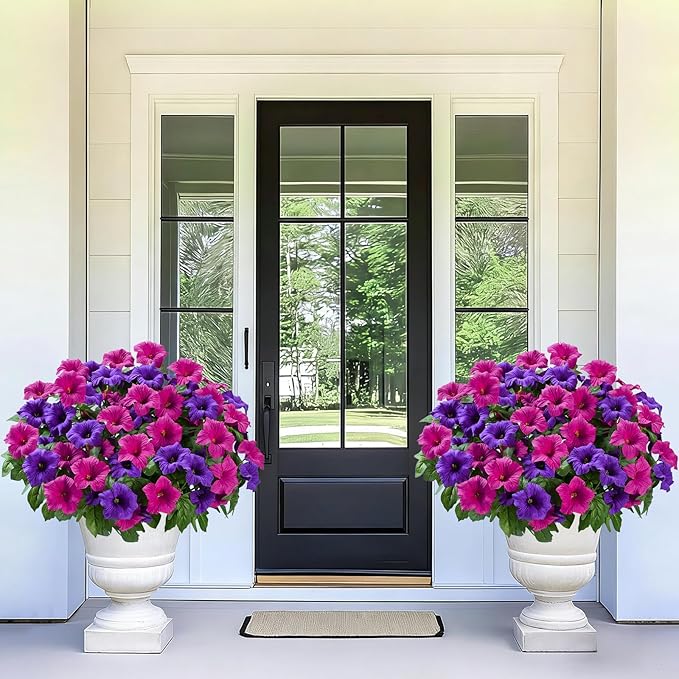 MARTINE MALL Artificial Flowers for Outdoors, 4 Bundles Realistic Fake Outdoor Flowers, UV Resistant Silk Petunia Flower for Outside Look Real Faux Flower Plant for Outdoor Porch Decor, Purple+Fuchsia