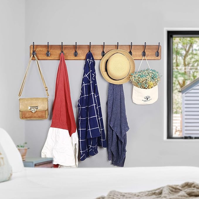 WEBI Coat Rack Wall Mount,10 Hooks,38 9/16" Long Coat Hooks Wall Mounted Rustic,16" Hole to Hole,Wood Coat Hanger Wall,Hook Rack Hooks for Hanging Coats,Jacket,Clothes,Hats,2 Packs