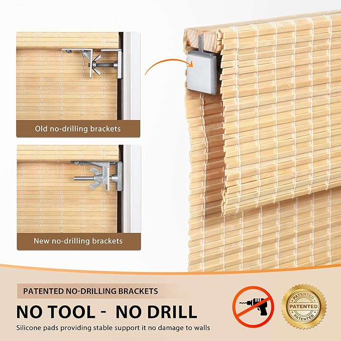 LazBlinds No Tools No Drill Cordless Bamboo Roman Shades, Privacy Window Treatment, Roll Up Bamboo Blinds for Windows 21'' W x 64'' H, Natural
