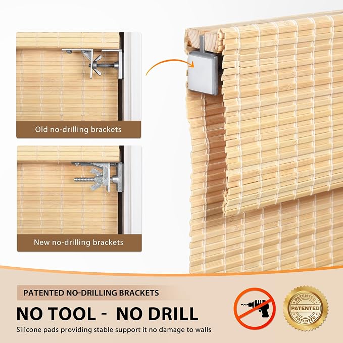 LazBlinds No Tools No Drill Cordless Bamboo Roman Shades, Privacy Window Treatment, Roll Up Bamboo Blinds for Windows 44'' W x 64'' H, Natural
