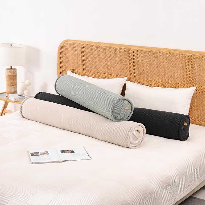 Long Pillow for Bed – Corduroy Round Bolster Pillow for Adults, Decorative Body Pillow for Sleeping or Sofa Support,47 x 7.87 Inches,Grey Green