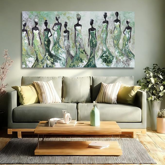 Dolidoteart Green Abstract Figure Wall Art, Black Modern Horizontal Canvas Print for Living Room, Bedroom, Dining Room or Office, Aesthetic Fashion Artwork, 24x48 Inch