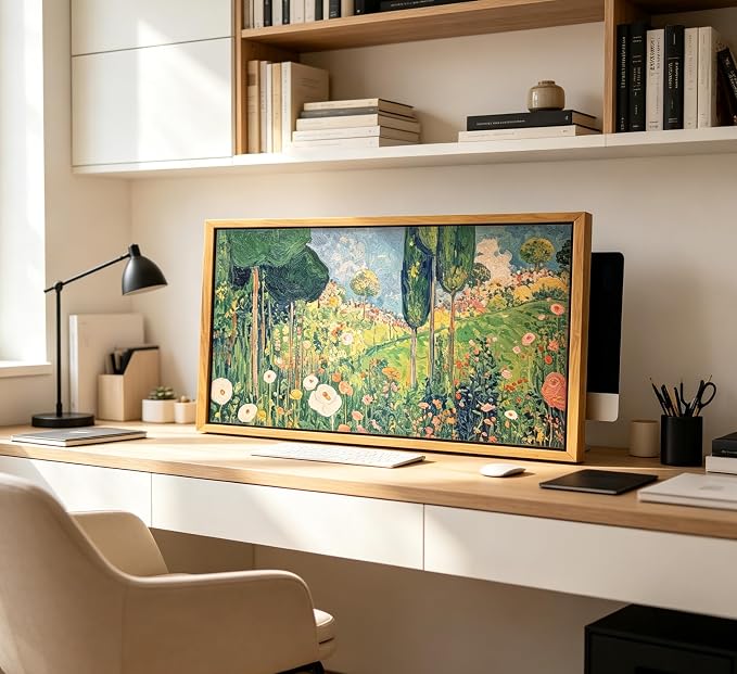Large Wood Framed Horizontal Botanical Wall Art,Green Spring Garden Canvas Print,Vintage plant Floral Landscape Picture Poster,Natural scenery Painting Artwork for Bedroom Living Room Office