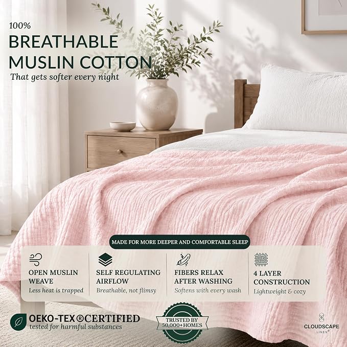 CLOUDSCAPE 4 Layer Muslin Blanket for Adults, 100% Cotton Blanket King Size, 92" x108'' Oversized Fits Upto Cal King Bed, Soft Lightweight Breathable Layering Cotton Summer Blankets - Seashell Pink