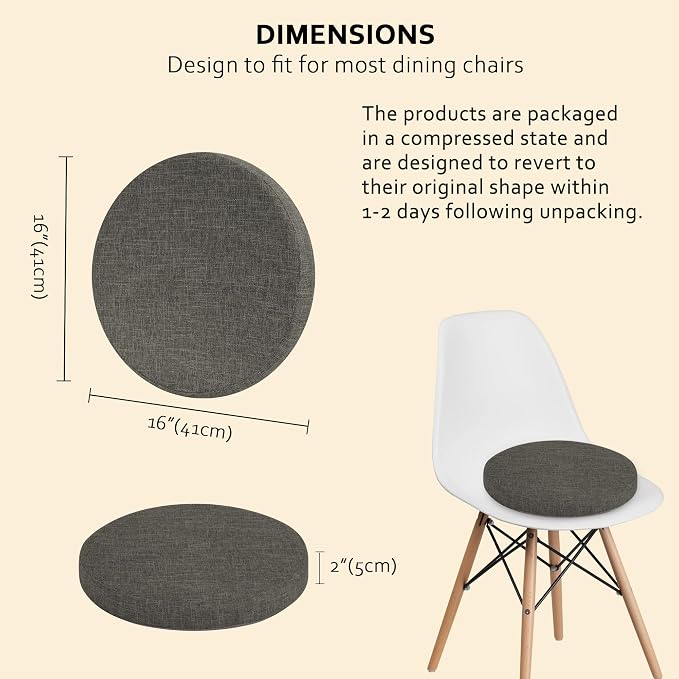 ELFJOY Round Chair Cushions for Dining Chairs Non Slip High-Resilience Foam Chair Pads 2" Thick Seat Cushions for Kitchen Chairs Set of 2 16" Dark Grey