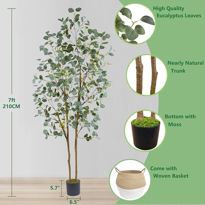 Warmplants Artificial Eucalyptus Tree, 7ft Tall Silk Leaves Fake Plant with Basket for Outdoor Indoor, 83'' Faux Eucalyptus Trees for Home Office Livingroom Floor Décor