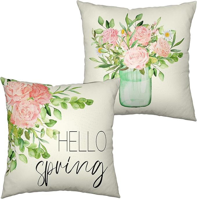 Watercolor Pink Rose Throw Pillow Covers Hello Spring Pillow Covers for Indoor Outdoor Decoration Shabby Chic Flower Square Cushion Case 22x22 Set of 2