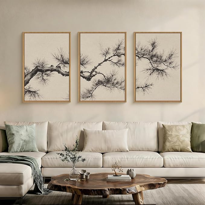 HPNIUB Vintage Beige Pine Tree Framed Canvas Wall Art Set 16''x24''x3 | Sketch Black Tree Branch Modern Minimalist Botanical Living Room Bedroom Office