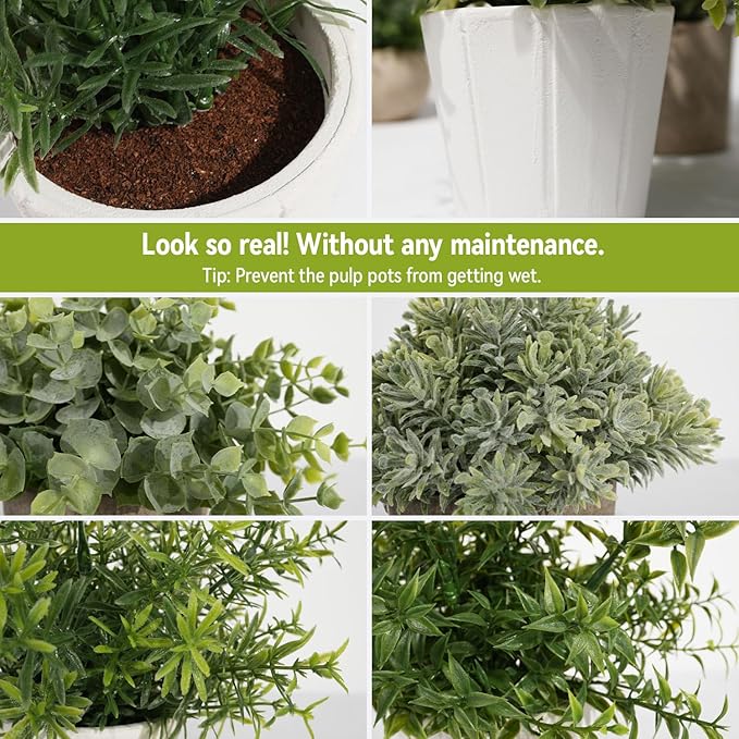 4 Pack Small Fake Plants in White Pulp Pot for Home Decor, Artificial Plants Indoor, Small Faux Plants Indoor for Bathroom Bedroom Kitchen Office Farmhouse Room Shelf Decor