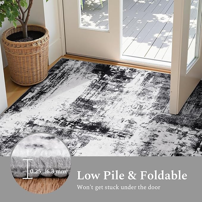 Rugflix 10x14 Area Rugs for Living Room, Black Grey Large Rug Stain-Resistant Low Pile, Big Washable Dark Carpet Non-Slip for Bedroom Dining Room Home Office Nursery Room