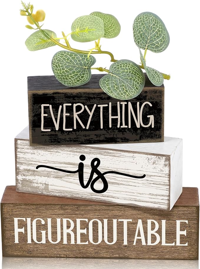 Lineshading 4 Pcs Inspirational Farmhouse Table Decor Everything Is Figureoutable Stacked Wooden Block Signs with Inspirational Quote Eucalyptus Leaves for Home, Living Room, Shelf Housewarming Gift