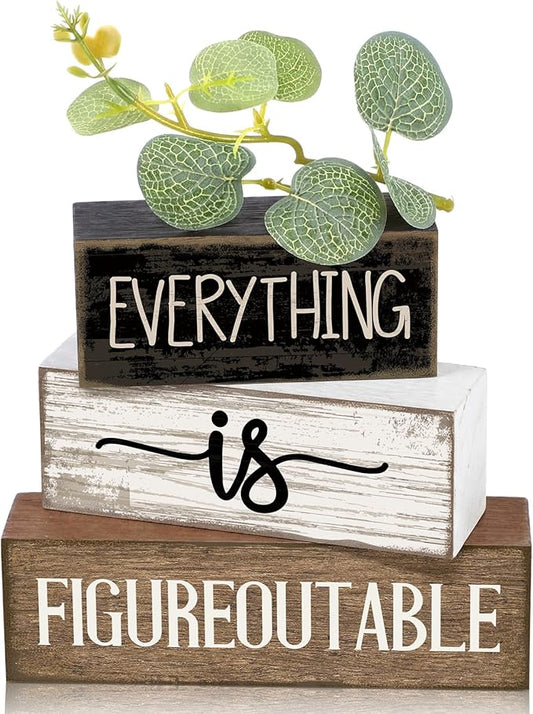 Lineshading 4 Pcs Inspirational Farmhouse Table Decor Everything Is Figureoutable Stacked Wooden Block Signs with Inspirational Quote Eucalyptus Leaves for Home, Living Room, Shelf Housewarming Gift