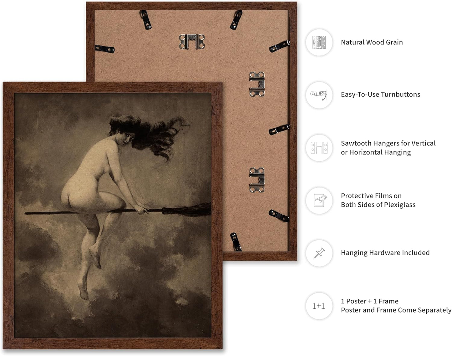 Poster Master Vintage Albert Joseph Penot Poster - Retro Halloween Print - Gift for Artist, Friend - Departure for the Sabbath, Naked Witch on Broom - Wall Decor for Bedroom, 8x10 Brown Framed