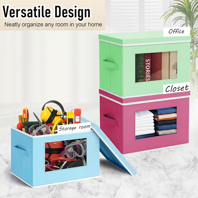 Threehoney 10 Pcs Fabric Storage Cubes with Lids and Clear Windows 14x10 Inch Foldable Closet Organizer Bins Aesthetic Pastel Storage Bins for Shelves Dorm Essentials Craft & Office Organization
