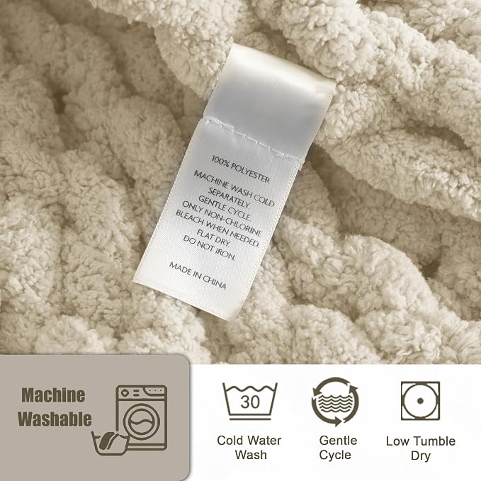 Chunky Knit Throw Blanket 50x60, 100% Handmade Chenille Yarn | 4.4lbs Soft Thick Cable Knitted Blankets, Large Rope Knot Crochet Throws for Couch Sofa Bed Machine Washable, Light Beige