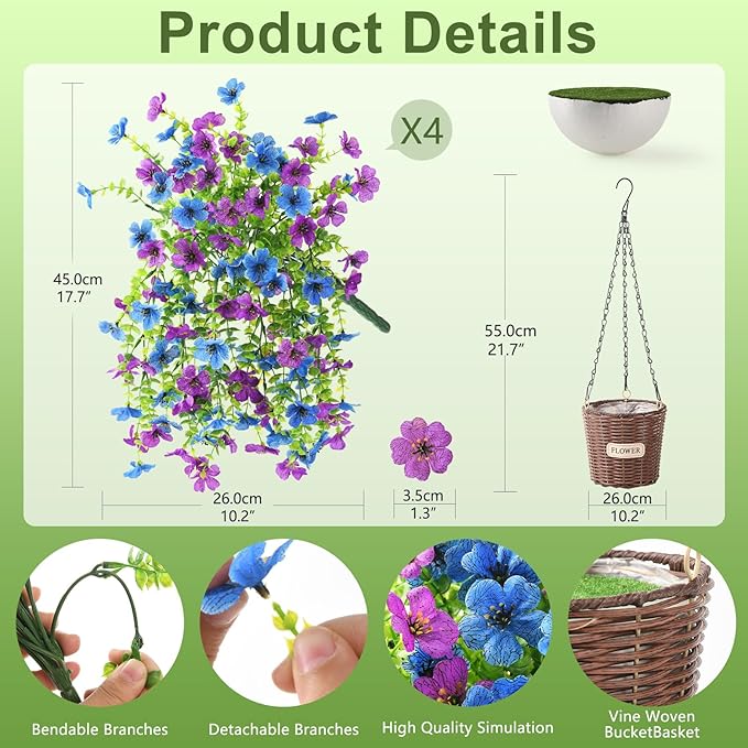 Artificial Flowers Hanging Baskets, 4 Bundles Outdoor Hanging Basket Spring Summer Decoration, No Fade Realistic Fake Flowers Plants for Porch Patio Balcony Home Yard Decor(Purple Blue)